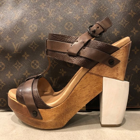 All Saints Shoes - {ALL SAINTS} LEATHER WOOD WEDGE PLATFORM STRAPPY